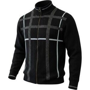 Full Zip Cardigan  Knit Sweater, Plaid Check Black Gray Large Casual
